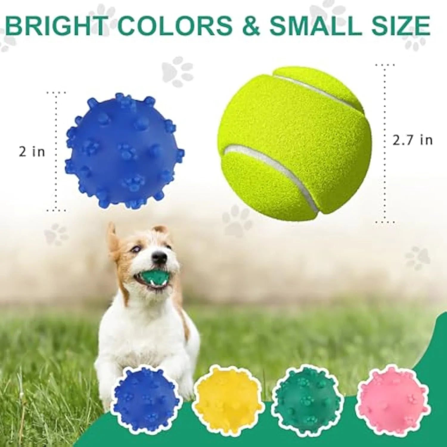 Blue, green, pink, and yellow 2-inch dog balls with spiked dimple texture on grass.