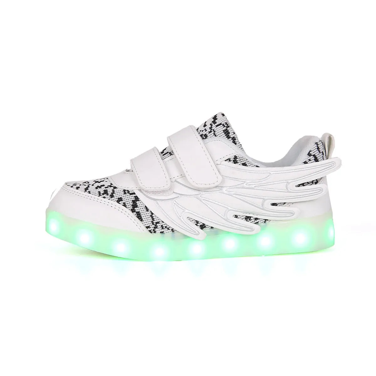 Children's plum red and white LED light-up sneakers with USB charging port visible