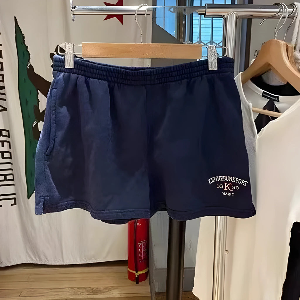 Women's dark blue cotton sports shorts with white flag embroidery and free size fit