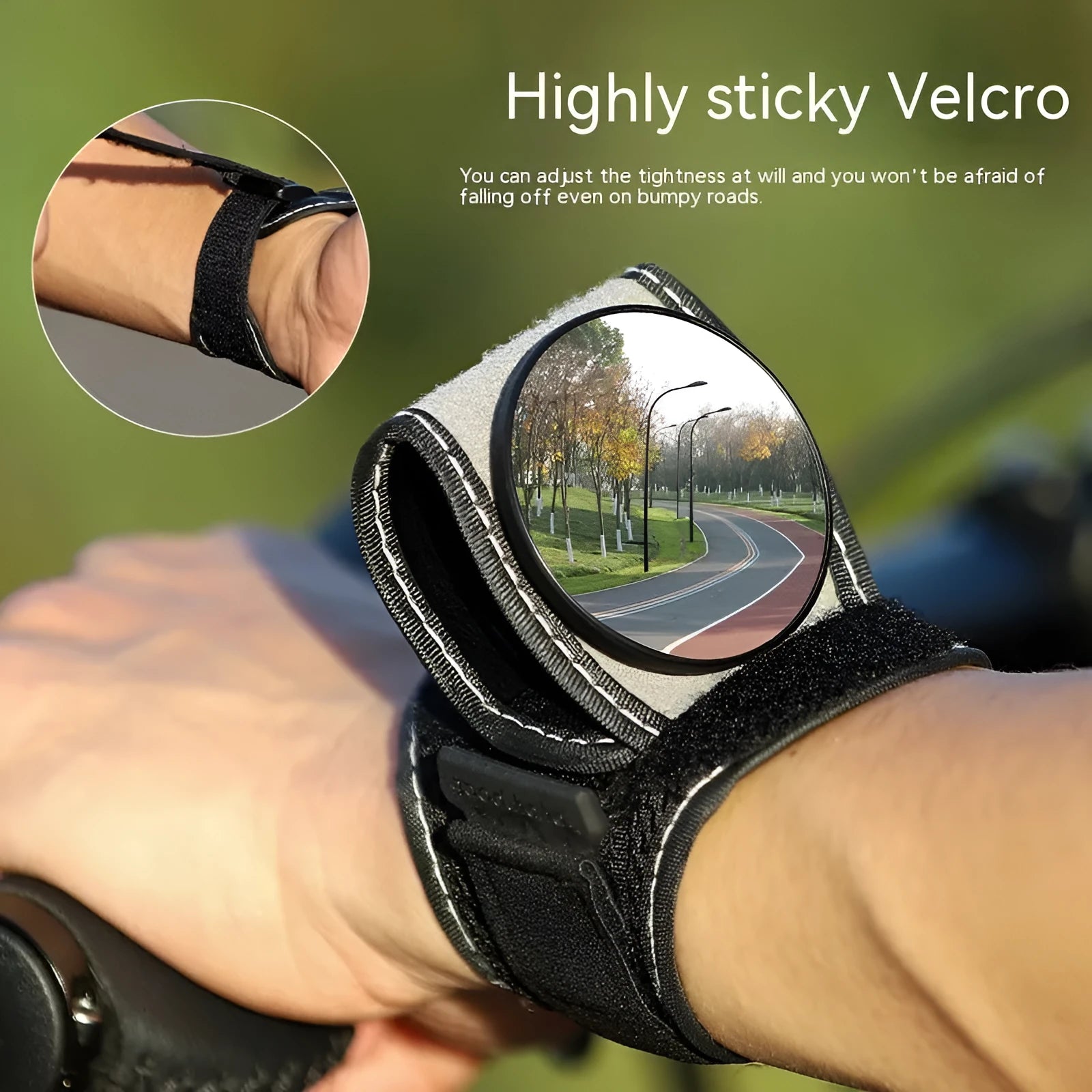 Black nylon wrist-mounted bicycle rear-view mirror with adjustable strap
