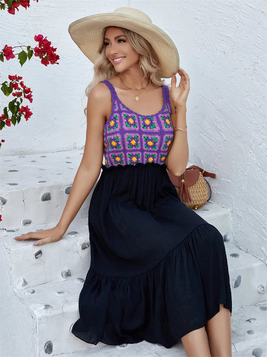 Purple sleeveless midi dress with white hand-hooked crochet floral pattern across the skirt.