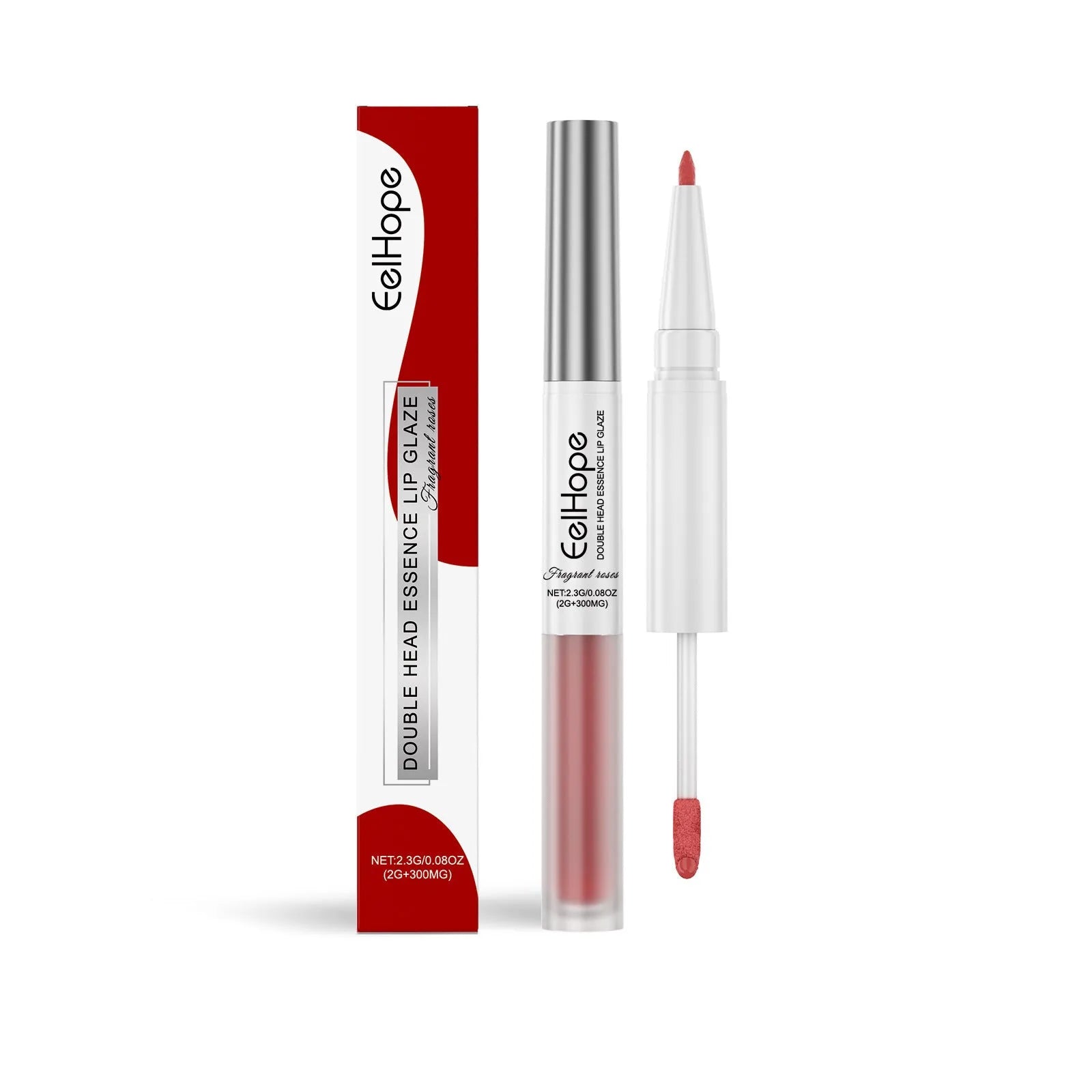 Double-headed lip makeup pen with lip liner pencil on one end and liquid lip lacquer pen on the other.
