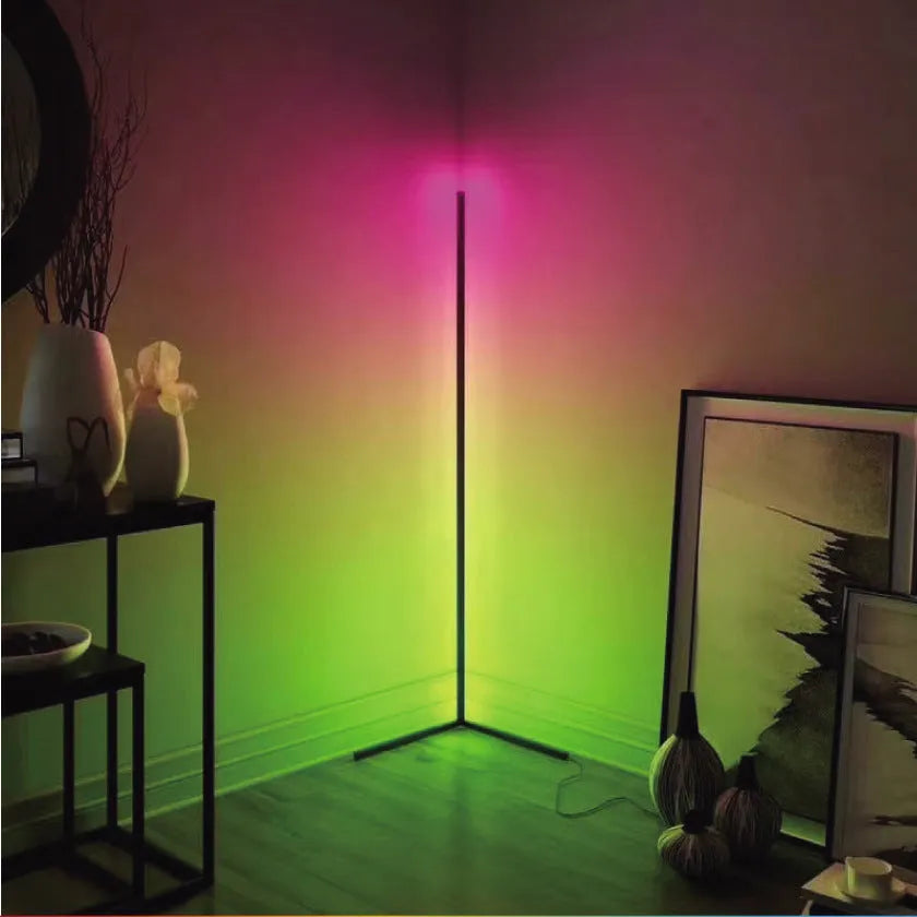 Black smart floor lamp with aluminium body and silicone shade, featuring remote-controlled RGB lighting