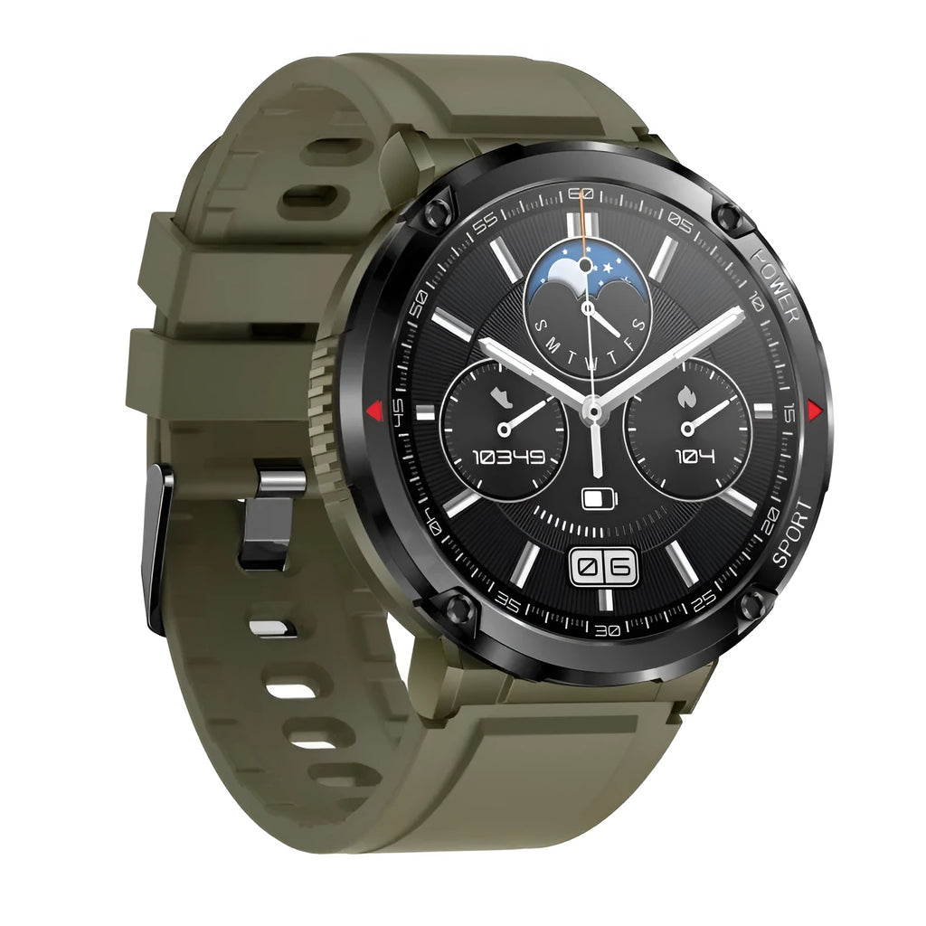 T30 smart watch with black silicone strap showing 52mm touch screen displaying heart rate and call interface