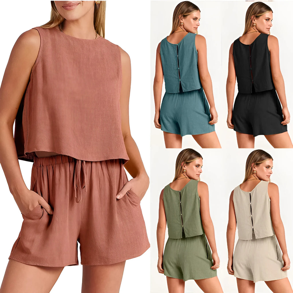 Women's summer two-piece set showing sleeveless top and matching drawstring shorts in solid colour