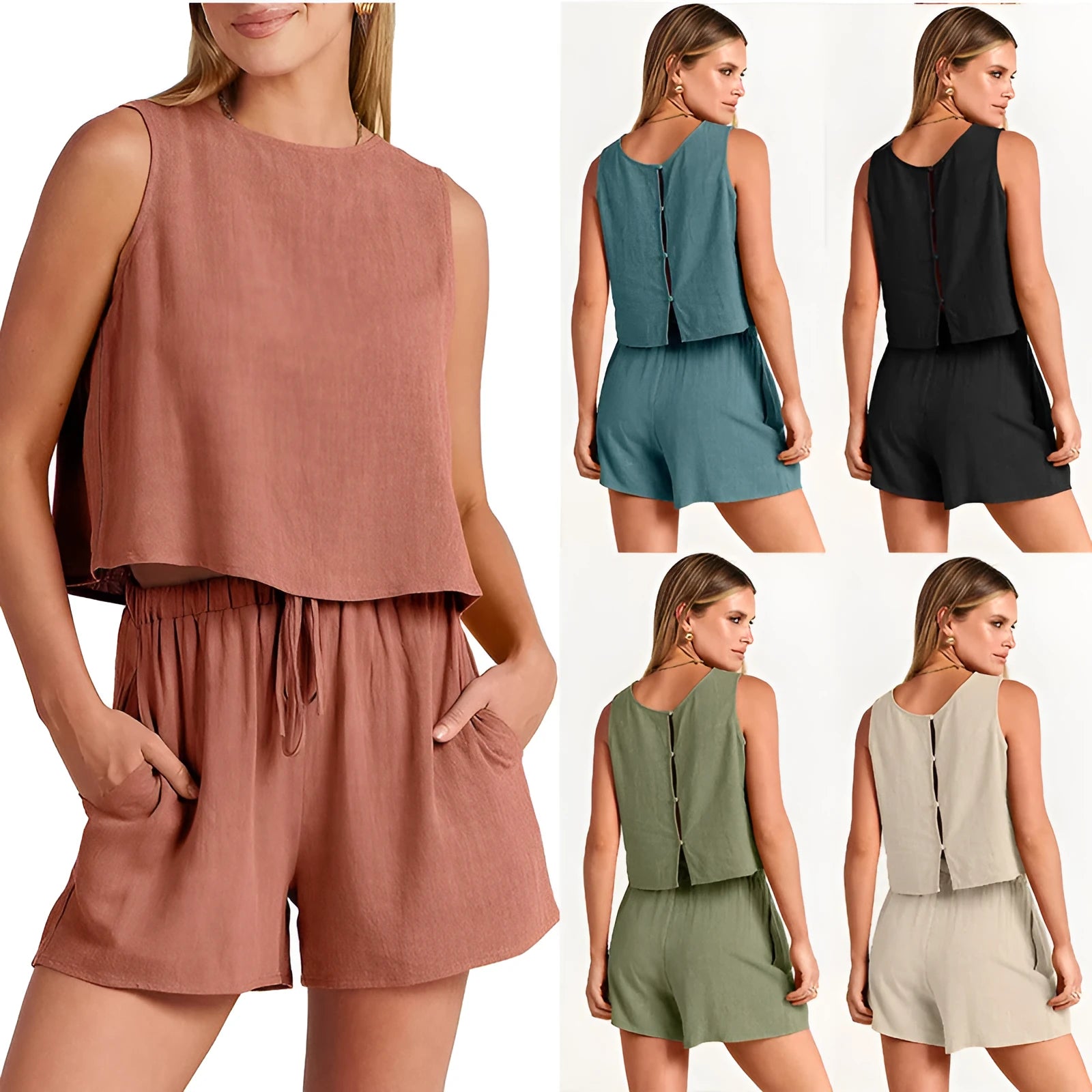 Women's summer two-piece set showing sleeveless top and matching drawstring shorts in solid colour