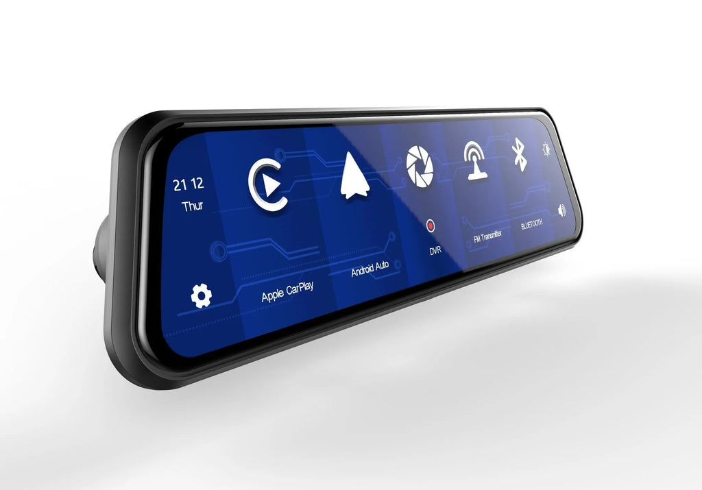 Black dual-lens driving recorder with 9.66 inch touch screen mounted on rearview mirror showing 4K interface