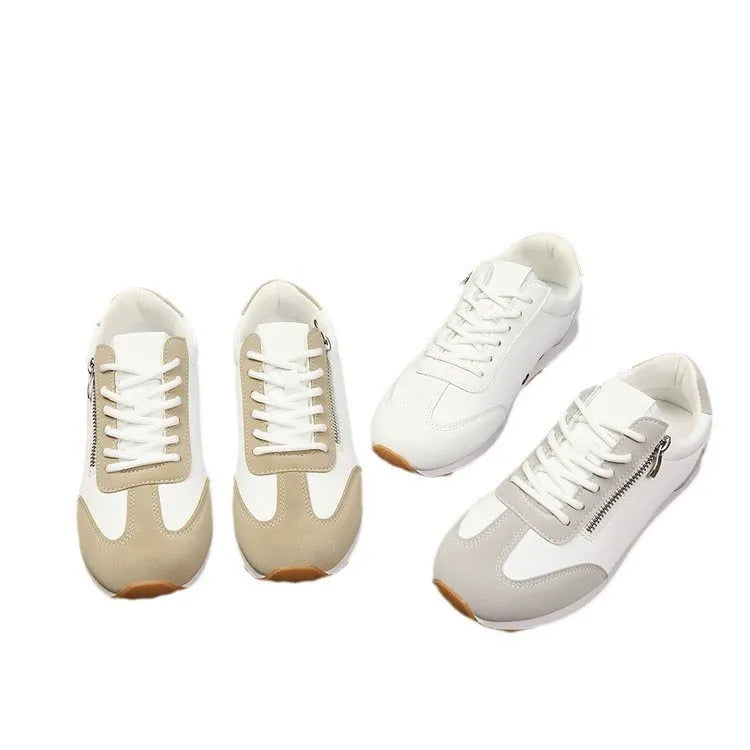 Women's flat-heeled shoes in artificial PU leather with rubber soles showing neutral colour options