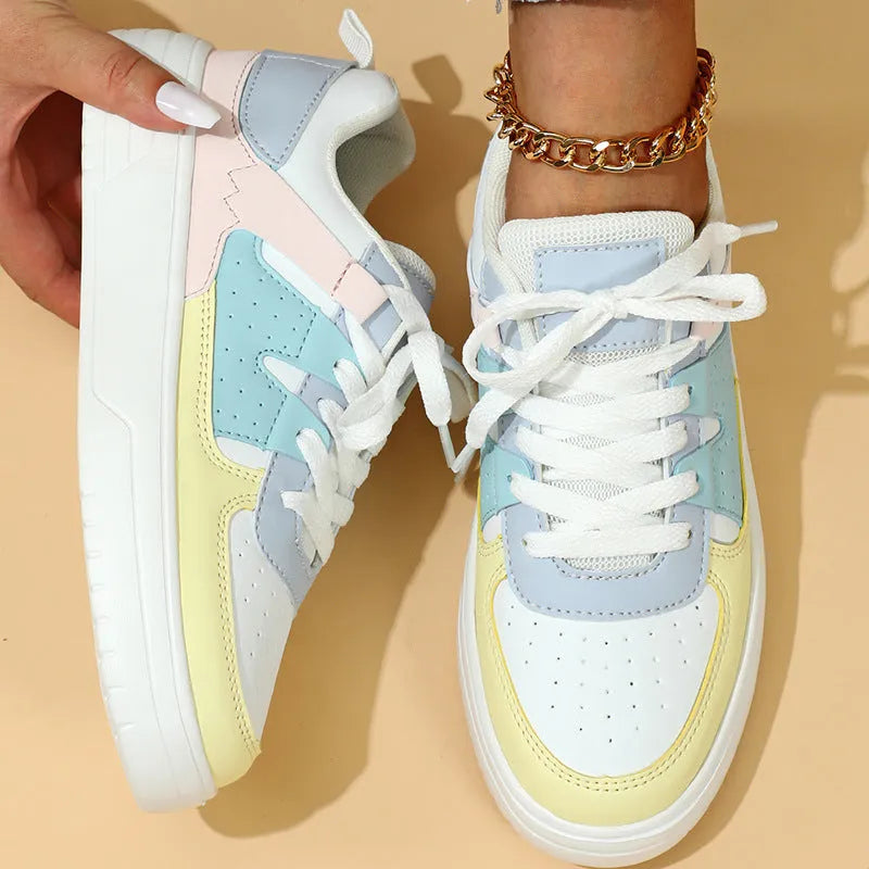 White and yellow moon platform sneakers with PU mesh upper and mid heel 3-5cm