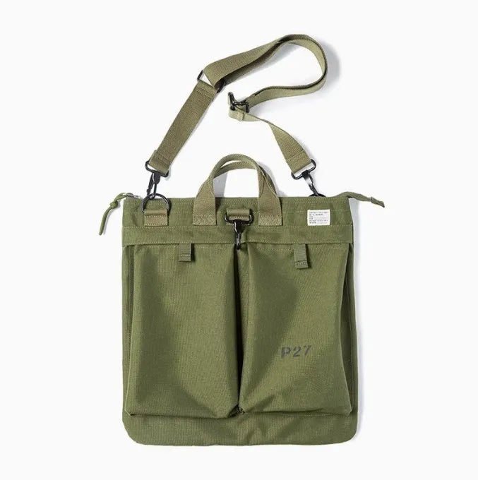 Retro style canvas crossbody messenger bag in charcoal black with zipper closure and shoulder strap
