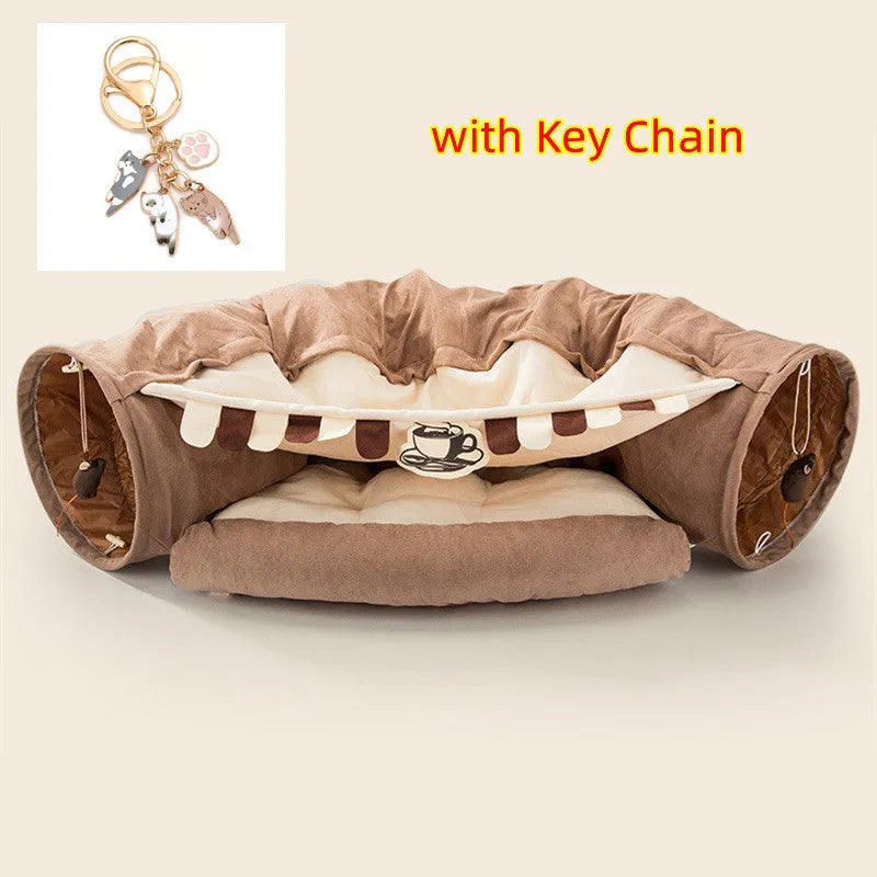 Collapsible cloth cat tunnel in a choice of four colours, shown with dimensions 45cm long by 50cm wide.