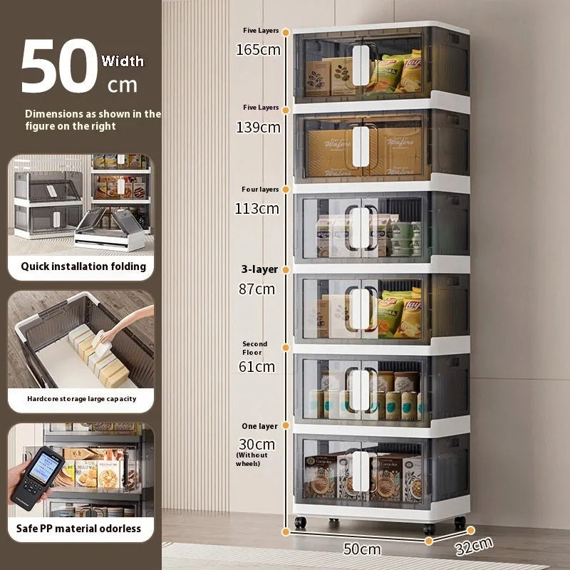 Foldable wheeled storage locker in white or grey with multiple layer options for household organisation