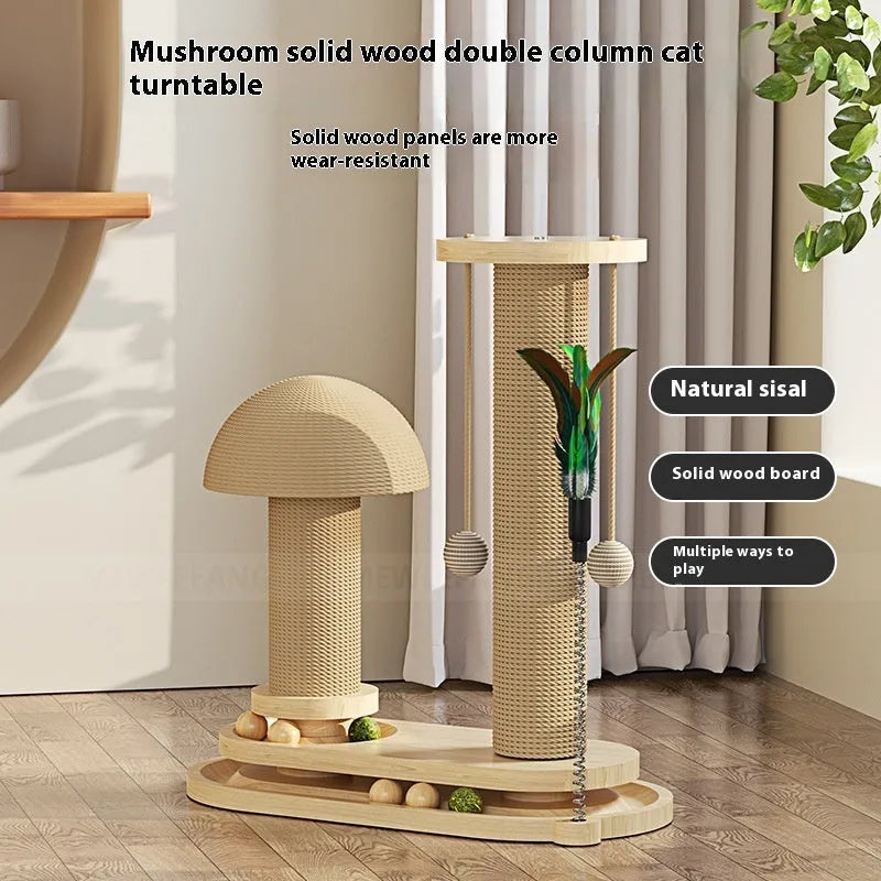 Solid wood cat climbing frame with oval turntable scratching post