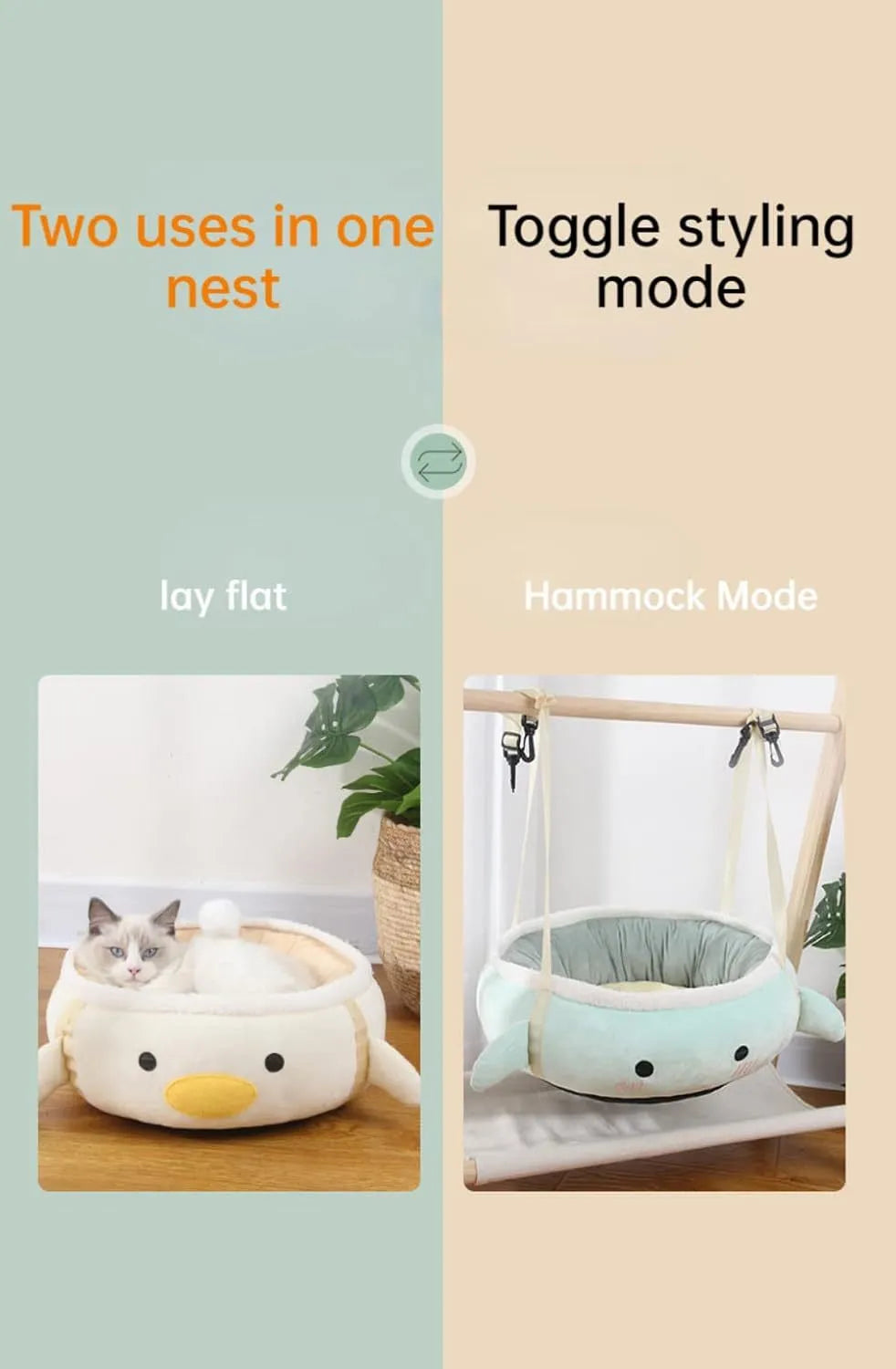 Green dinosaur-shaped cat bed shown both flat as a sofa and hanging as a hammock with straps