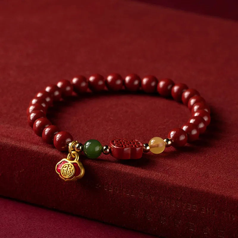 Cinnabar bracelet with emperor sandstone beads and fu character symbol in new Chinese style