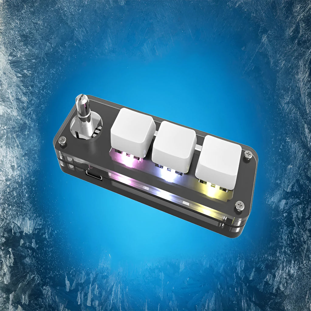 Black custom keypad with RGB backlight and copy paste buttons on desktop