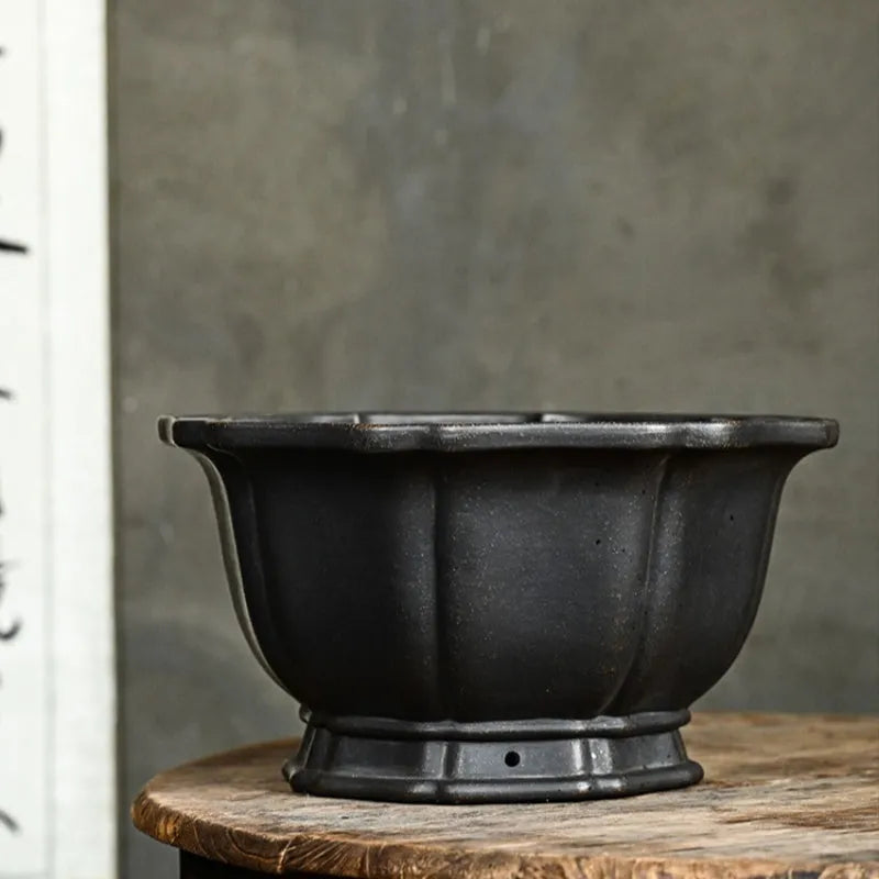 Handmade purple sand round flower pot with ancient copper clay finish for indoor plants