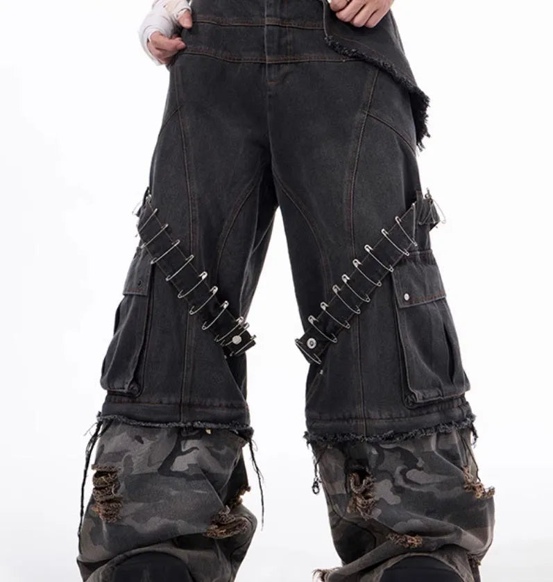 Men's grey cotton jeans with camouflage pattern splicing and pin ribbon details on legs