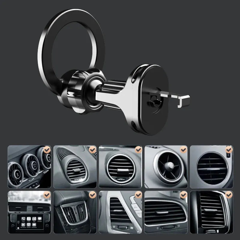 Black magnetic car air vent phone holder with O-ring clip attached to a vehicle vent