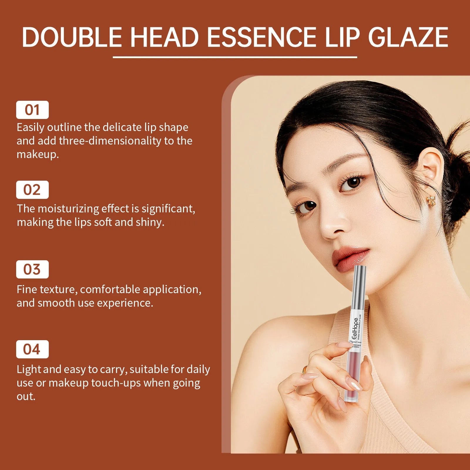 Double-headed lip makeup pen with lip liner pencil on one end and liquid lip lacquer pen on the other.
