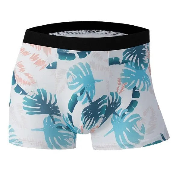Ice silk men's underwear with printed pattern in polyester fabric showing mid waist design