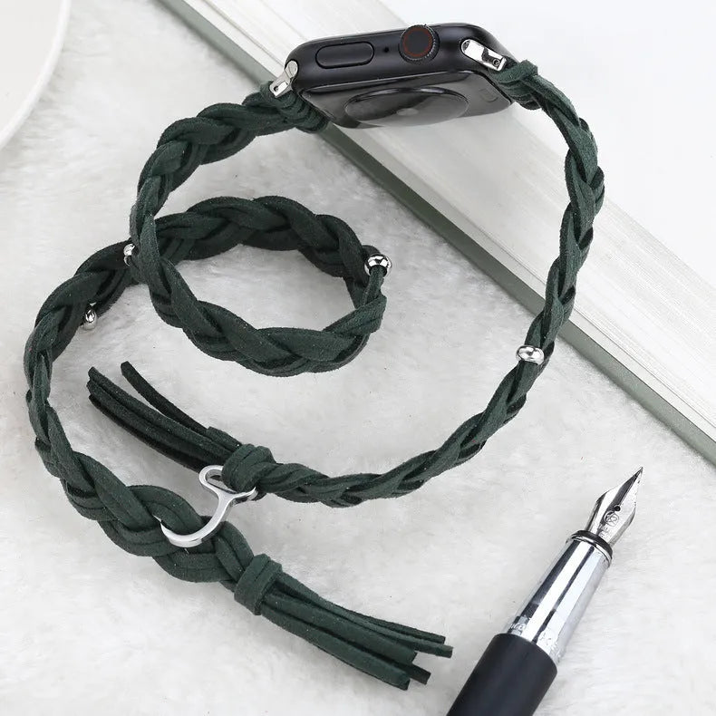 Genuine leather cord braided smart watch strap for iWatch in Black, Brown, Dark Brown, Green, Pink, and Red sizes 38/40/41mm and 42/44/45mm