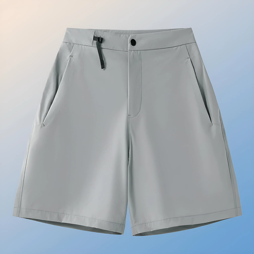 Men's khaki quick-drying sports shorts with elastic waist and 3D cut design for running and outdoor activities.