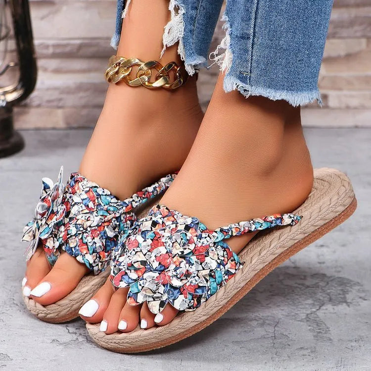 Plus size women's platform sandals with floral accents, rubber sole, PU upper, available in multiple colours