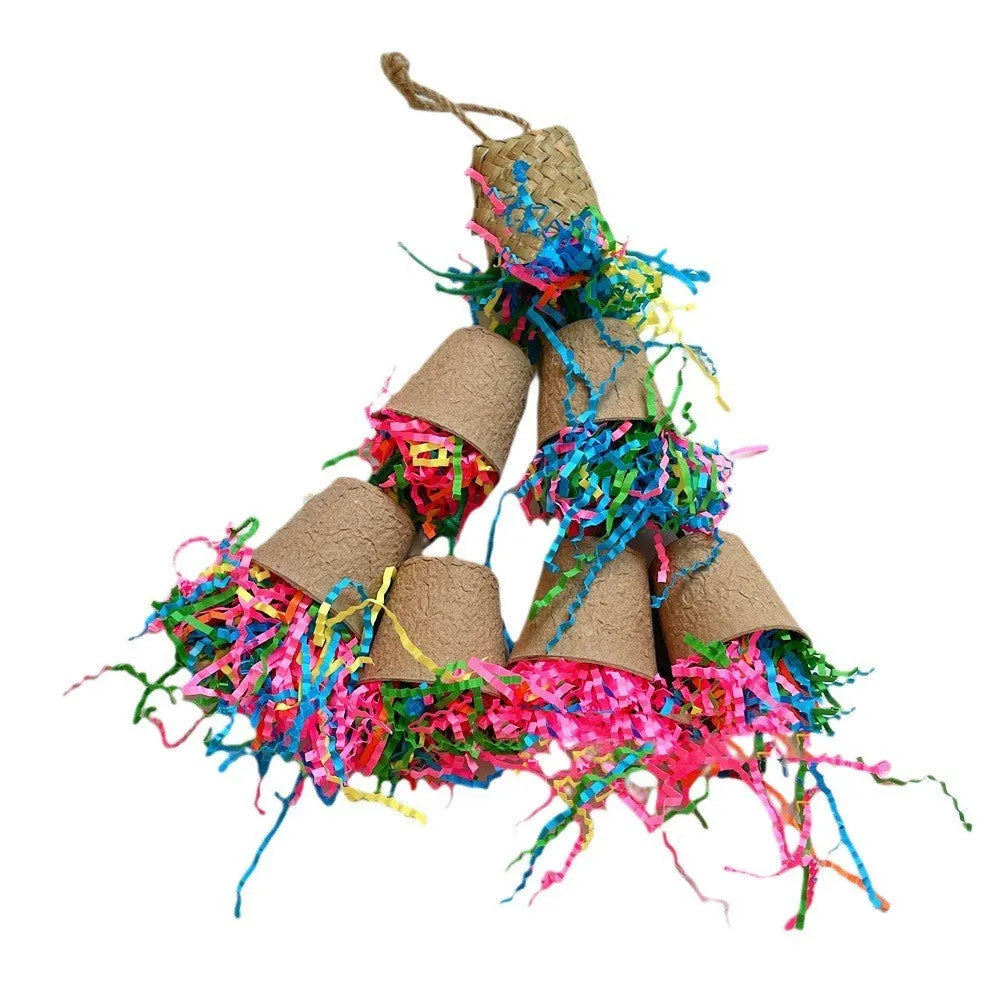 Parrot gnawing toy with paper cup and palm weaving design hanging at 38cm height