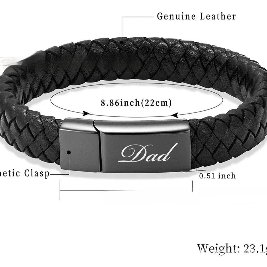 Black leather and stainless steel casket bracelet with English letter personalisation
