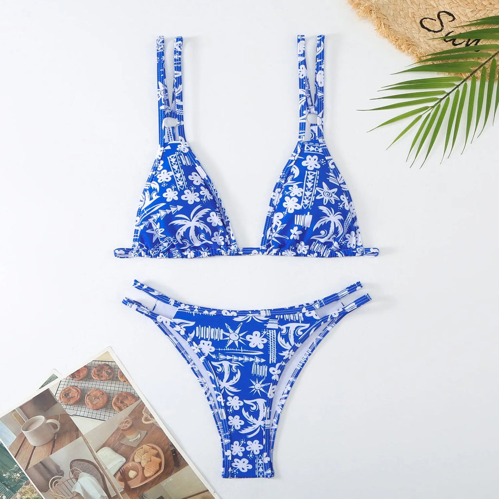 Women's floral print swim briefs set with halter top in blue polyester fibre