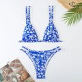Women's floral print swim briefs set with halter top in blue polyester fibre