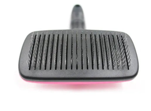 Pet self-cleaning comb with stainless steel teeth and rose red ergonomic handle for dog cat grooming