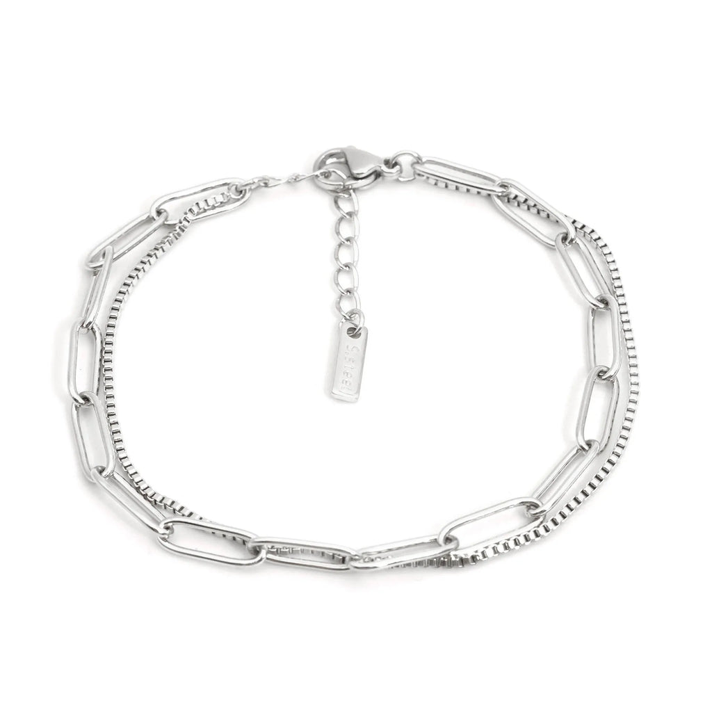 Geometric line women's bracelet with double layer stainless steel construction in gold or silver electroplated finish