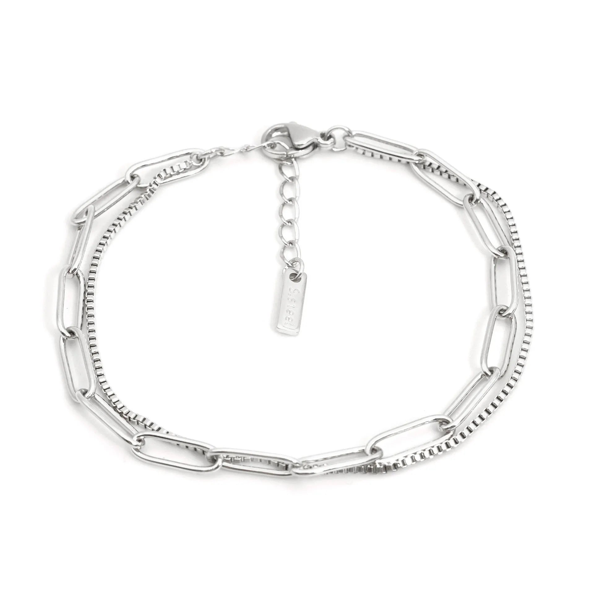 Geometric line women's bracelet with double layer stainless steel construction in gold or silver electroplated finish