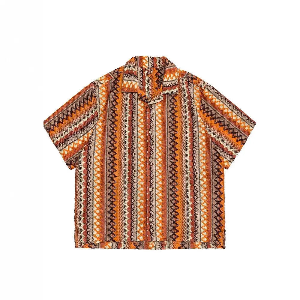 Ethnic style woven Cuban collar shirt with contrast colours and drop-shoulder sleeves