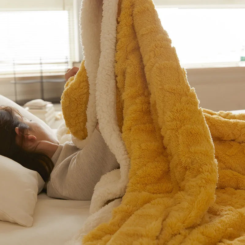 Polyester thermal winter blanket in tea green colour showing taffeta flannel texture