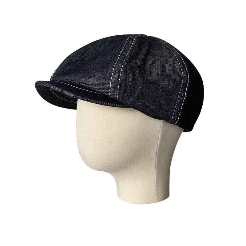 Black cotton Japanese denim beret hat with retro octagonal design shown on adult model