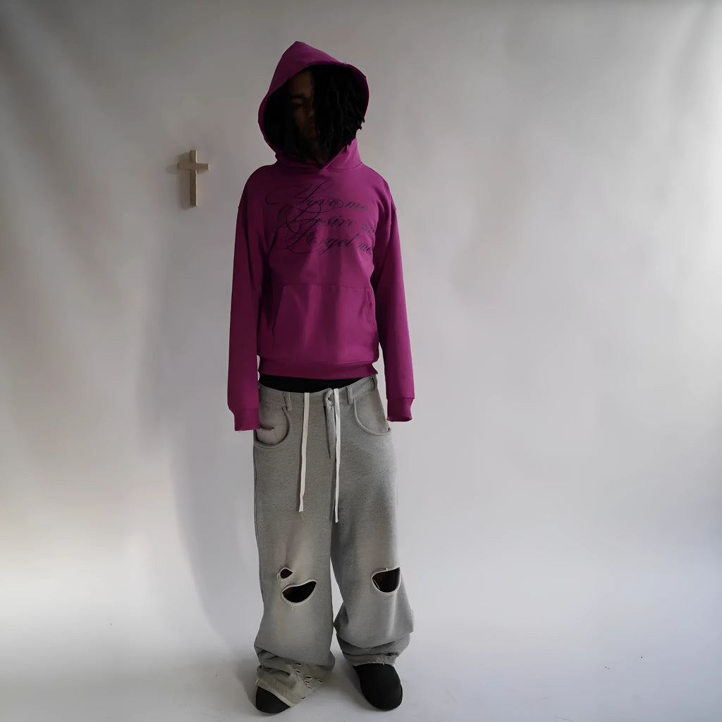 Dark retro punk print pullover hoodie sweatshirt for men available in black, red, or purple with wool lining and sizes S to XL.
