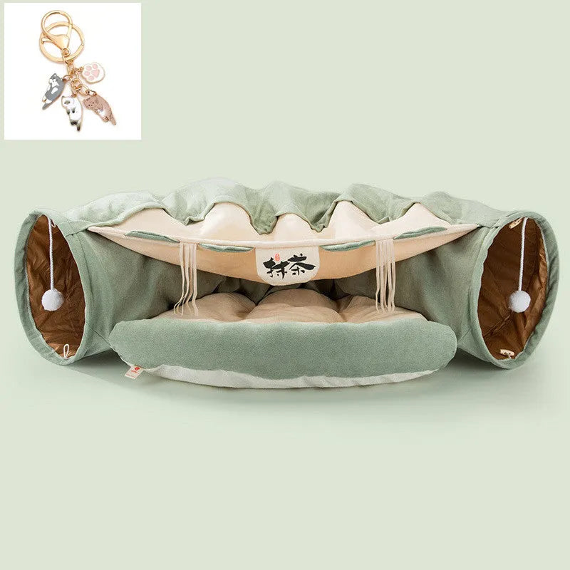 Collapsible cloth cat tunnel in a choice of four colours, shown with dimensions 45cm long by 50cm wide.