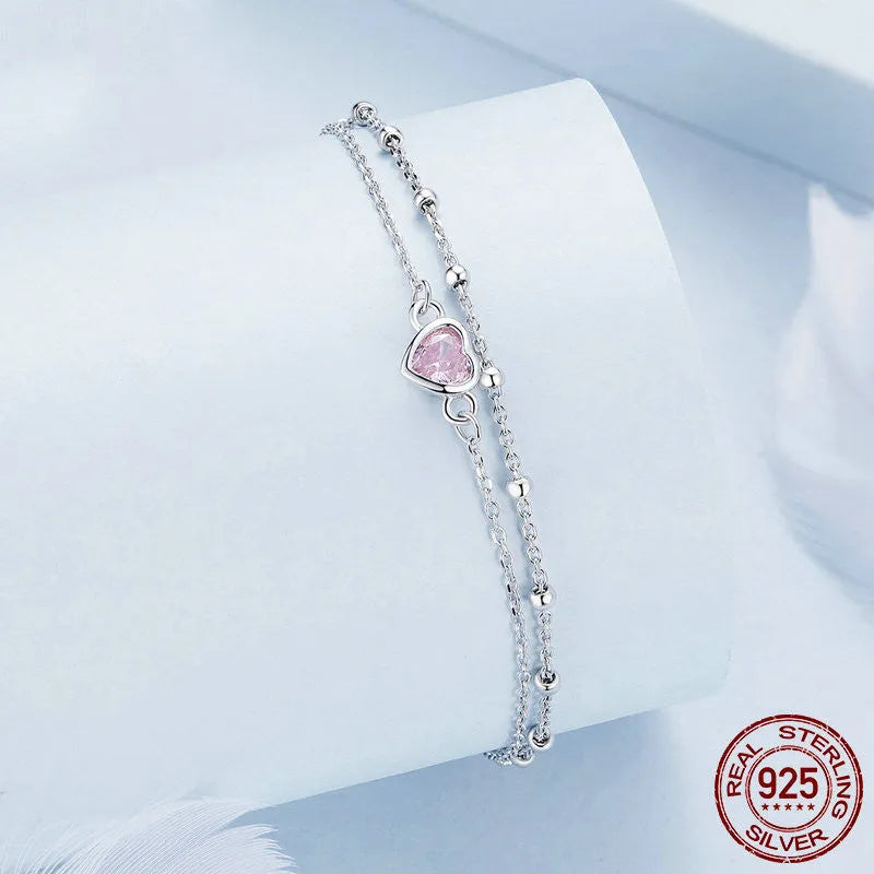 Sweet girlish style 925 sterling silver bracelet with heart-shaped pendant and adjustable chain