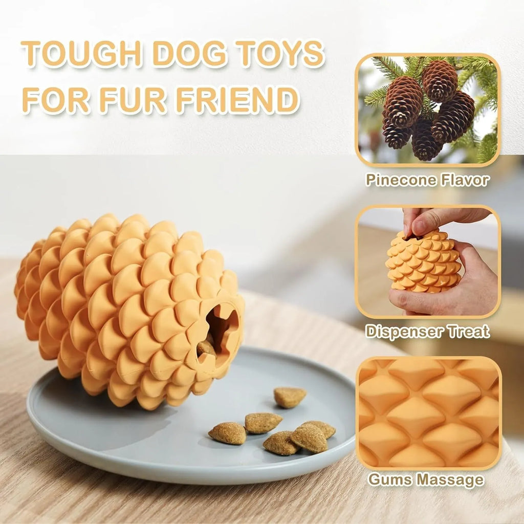 Yellow pine cone shaped dog chew toy with treat dispenser for medium large aggressive chewers
