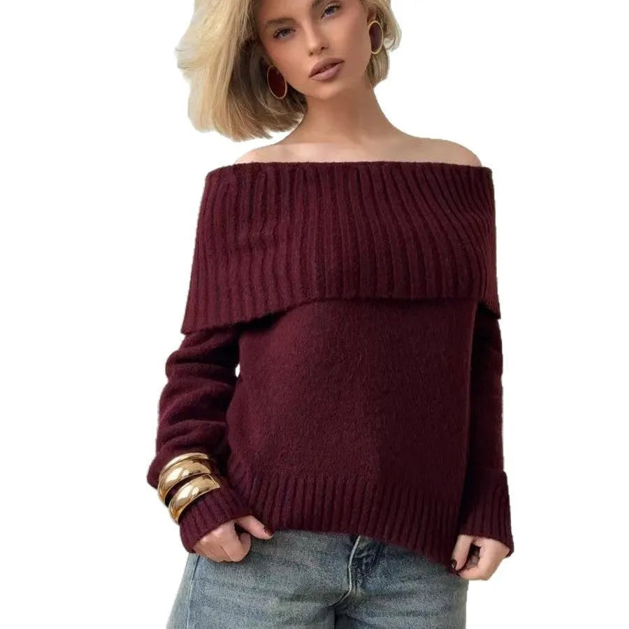 Grey strapless off-the-shoulder acrylic sweater with a 3D pattern, shown as a pullover.