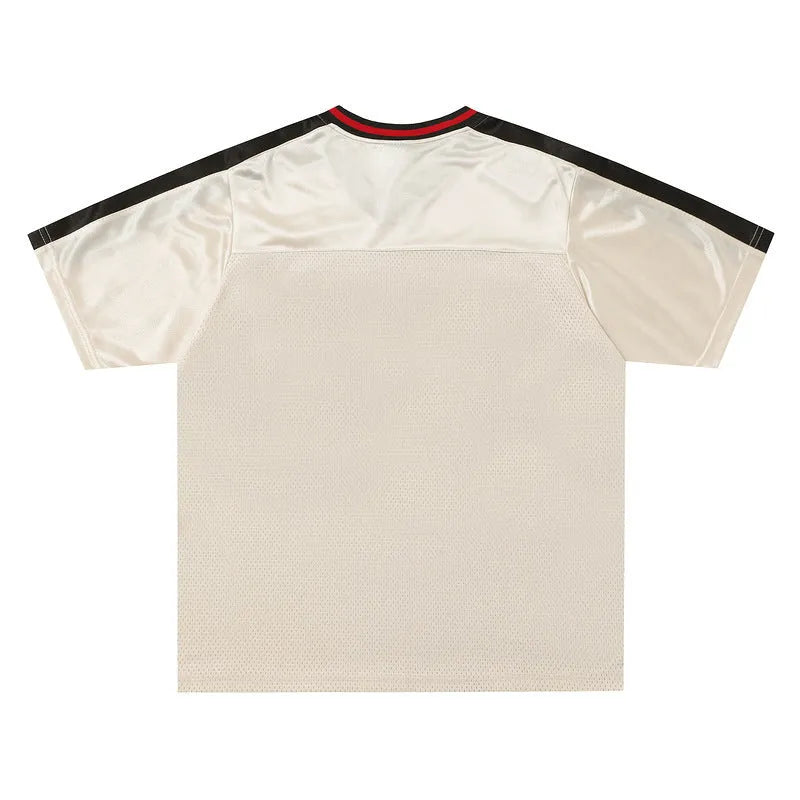Apricot sports V-neck top with drop shoulders and letter pattern in polyester fabric