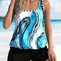Blue tie-dyed floral women's swimsuit set with a top and high-waisted briefs, shown in size 1XL to 5XL.