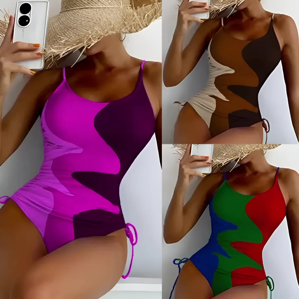 Women's sleeveless one-piece swimsuit in blue, purple, brown, or green colours for swimming sports