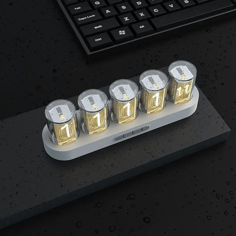 RGB Luminotron LED digital clock in black, white, or wood grain finish showing colourful display on a desk