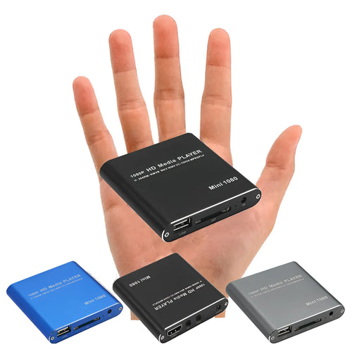 Compact blue 1080p Full HD media player with remote control on a black background.