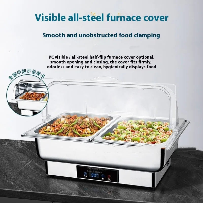 Stainless steel electric buffet stove with a transparent flip lid and LCD control screen.