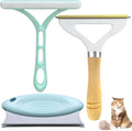 Three-piece pet hair remover set showing a metal lint shaver, a silicone brush, and a round plastic scraper.